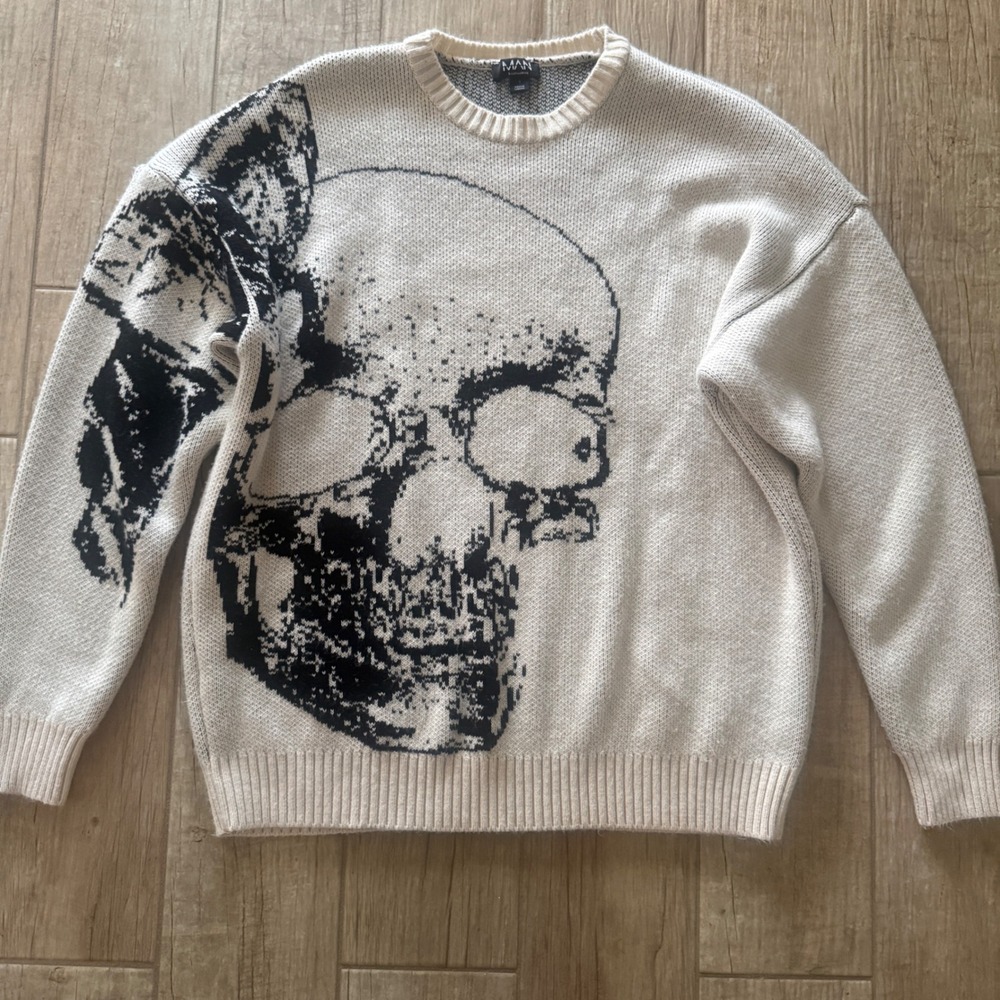 BoohooMAN‎ Mens Skull Graphic Knit Sweater Off White Black Crew Neck Small